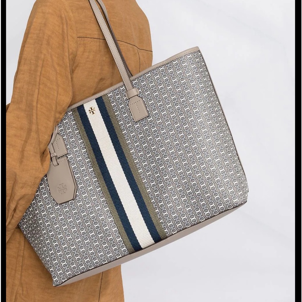 Tory Burch Gemini Link Tote Taupe and Navy, Large with Center Stripe